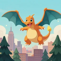 charizard flying above new york, cartoonish cute, pine trees, magical atmosphere, trending on artstation, 3 0 mm, by noah bradley trending on artstation, deviantart, high detail, stylized portrait