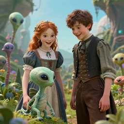 a girl and a boy standing next to some alien plants, looking happy, wearing victorian clothes, they are playing with their small pet alien creature, in a park on a alien planet, extremely high details, ultra realistic facial details, faces, ultra photorealistic raytracing, trending on artstation, 8k