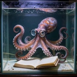 a octopus with googles writing a novel in an old aquarium tank