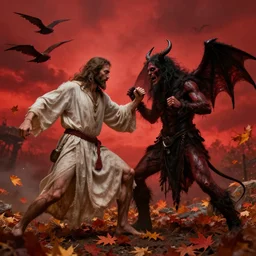 jesus fighting satan, realistic, vibrant, detailed, autumn, apocalypse, red sky, scary, epic, divine