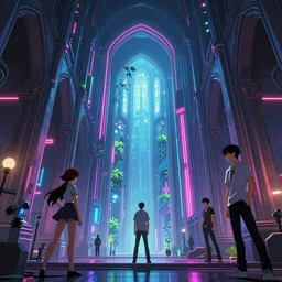 interior shot of cyberpunk cathedral, neon lights, james gurney, katsuhiro otomo, james paick, cinematic lighting, artstation, vibrant nature, anime style, Craig Mullins, Greg Rutkowski, Pete Morbacher, Tuomas Korpi, tekkon kinreet, volumetric light, artstation, , octane render, redshift render, low angle camera