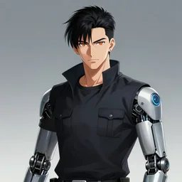4 0 years old white man detective cyberpunk handsome with a cybernetic arm and orange eyes with an eye implant / yoji shinkawa style