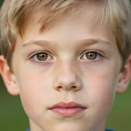 a closeup portrait of a boy with blonde hair and brown eyes. Extremely clear and high quality eyes with reflection, realistic face and details, clear lips and high quality, real photo