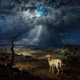 labradorite, mithological storm landscape by malczewski, landscape by caravaggio, still frame from'saturn armagedon'movie by hieronymus bosh