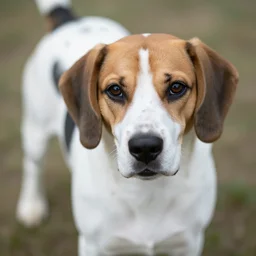 dog with white fur with black spots and a brown beagle face