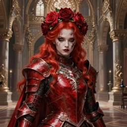redhead queen knight in red armor, inside grand hall in castle with rococo aesthetic, crown of roses, scarred face, elden ring, intimidating, high fantasy, intricate detail, digital painting, artstation, concept art, smooth, sharp focus, illustration, art by yoshitaka amano and monia merlo and wlop and artgerm