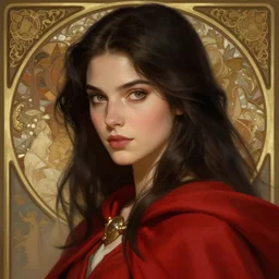 tall girl, wonderful eyes, dark hair, red cape, long hair, deep focus, d & d, fantasy, sophisticated, elegant, high detail, digital painting, artstation, concept art, matte, clear focus, illustration, hearthstone, works by artgerm, greg rutkowski and alphonse mucha