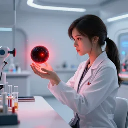 league of legends concept art beautiful young female scientist looking at small black hole in her hands, futuristic laboratory in background, black hole with red glow, art by charles liu, profile shot, white interior, table with test tubes and scientific equipment, fantasy style, soft lighting, vibrant color scheme, volumetric lighting, octane render, commission art, 8 k resolution