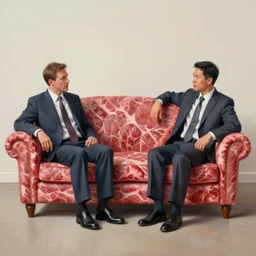 realistic painting of couch made out of meat, business men sitting on couch made out of meat and talking,