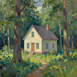 a painting of a house in a forest by Greg Rutkowski