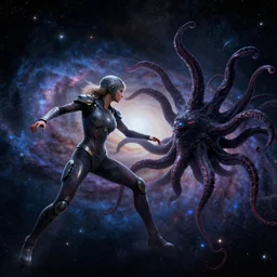 galaxy woman fighting a dark tentacle beast in space