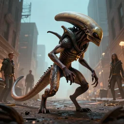 highly detailed image of a reptilian alien stalking through an urban neighbourhood at night, scales and fur, long thick lizard tail, by atey ghailan, by greg rutkowski, by greg tocchini, by james gilleard, by joe fenton, by kaethe butcher, gradient light blue, brown, cinematic lighting, epic composition, menacing vibe,
