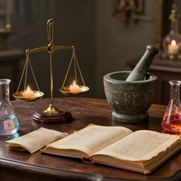 hyper realistic, tony sart, table, wizards laboratory, mortar, pestle, scales, magic book, beaker, energy