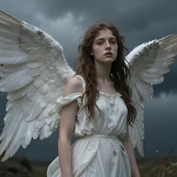 portrait of a female angel, lost , stormy background, highly details, hyper realistic, trending on artstation, concept art