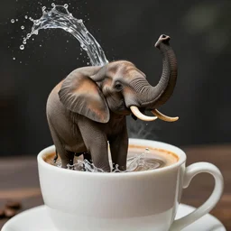an elephant inside a coffee cup throwing out water with his trunk, photo realistic, 35mm, hyper realistic