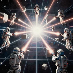 wide view of a dozen futuristic spacemen firing lasers, zero gravity, floating, in space, bright, hiding behind obstacles, surrounded by a laser grid, stars visible, unreal engine, lensflares, low perspective, polygon, vector, heavy filmgrain
