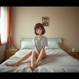 a film still of cute anime girl in white tshirt is sitting on poor bed in pale colors room in russian flat,