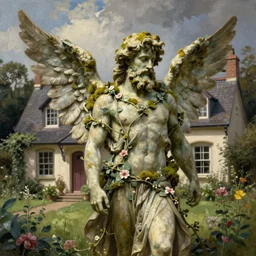 a majestic winged male garden angel with a beard made of moss, he is clothed in vines and flowers standing in front of a beautiful cottage, an oil painting by thomas canty and thomas kincade