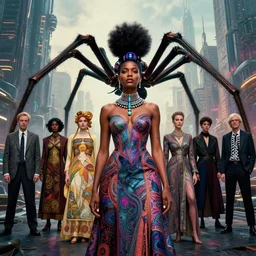 realistic detailed photorealistic portrait movie shot of a beautiful black woman with a giant spider, dystopian city landscape background by denis villeneuve, amano, yves tanguy, alphonse mucha, ernst haeckel, david lynch, edward robert hughes, roger dean, cyber necklace, fashion shoot, rich moody colours, cyber patterns, wide angle