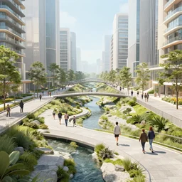 an optimistic futuristic pedestrian city with landscaped streams, idyllic crossing bridges, by craig mullins