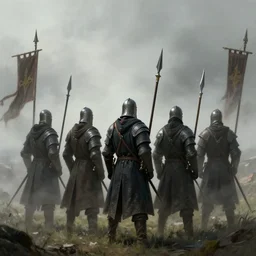 realistic, 5 medieval soldiers, in line, pikes, hellbards, banner, flag, mist, picture from behind, epic, digital art, illustration, fantasy, realistic sketch, dark