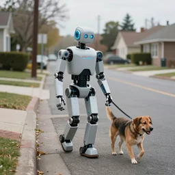 a robot walking a dog on a suburban street set in the late 2 1 2 2 one hundred years of agi