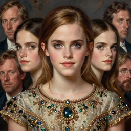 emma watson extra perfectness women, close - up, expansive dress with treasure's, gorgeous, extremely high details quality, bao phan, viktor safonkin, bruce pennington, larry elmore, norman rockwell, intricate, hyperrealistic oil painting on canvas, deep depth field, hd, hdr, 4 k, 8 k