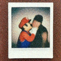 Polaroid photo of a man dressed as Mario (super mario brothers ) kissing shadow fat person on the lips, award winning
