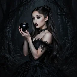 beautiful gothic Ariana Grande holding a Black Poison Apple, Black Hair, dark forest, black dress, black background, intricate, elegant, highly detailed, digital painting, artstation, concept art, smooth, sharp, focus, illustration, art by artgerm and greg rutkowski and alphonse mucha