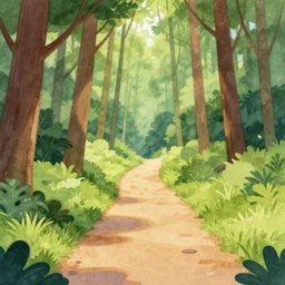 a path leading out of a less dense forest, cartoony, detailed digital art, watercolor, lighting