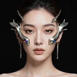 hyper detailed symmetrical head and shoulders portrait flash photograph of a woman wearing futuristic abstract facial jewellery. black background.