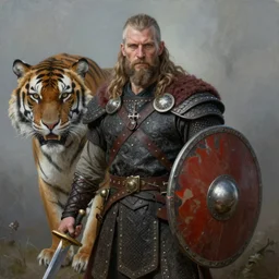 by Tom Bagshaw, soft ultra realistic painting of a viking. He holds a sword in one hand and a shield in the other. In front of him, there is an evil tiger. horror, omnipresent sky, symmetry of precise lines, very complex details, black and white, volumetric luminous clouds, landscape format