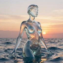 woman made of glass emerging out of the ocean at sunset, realistic reflections, refracting translucent skin, ray tracing, 3 - d render, intricate details,