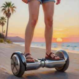 a closeup photorealistic oil painting on canvas of Jane Seymour riding a hoverboard at the beach during sunset. Palm trees in the background. This 4K HD image is Trending on Artstation, featured on Behance, well-rendered, extra crisp, features intricate detail and the style of Unreal Engine.