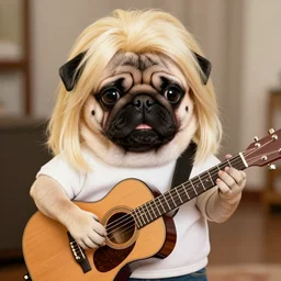 pug with a blonde wig like dolly parton playing guitar
