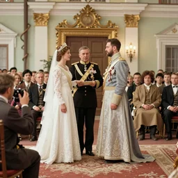 a wide full shot, colored russian and japanese mix historical fantasy of a photograph taken of the royal wedding officiant addresses the couple, photographic portrait, warm lighting, 1 9 0 7 photo from the official wedding photographer for the royal wedding. ultra realistic, photorealistic, cinema, hyper realistic, depth of field, film still.