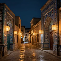 winding street at midnight in a very old very beautiful city in saudi arabia by George Price Boyce and Nicholas Roerich and William Dyce, glowing paper lanterns, strong dramatic cinematic lighting , ornate tiled architecture, lost civilizations, smooth, sharp focus, extremely detailed