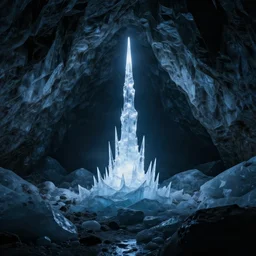dark glacier cave with a glowing spike of ice in the center, surreal,