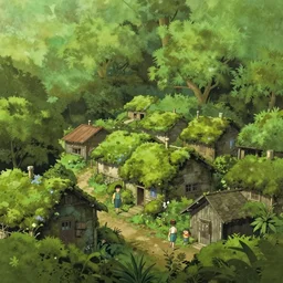 a mossy village, dreamy, liminal space illustrated by miyazaki, hiroyuki kato, keisuke goto, highly detailed, concept art, illustration art