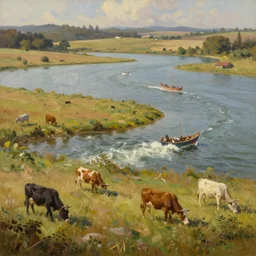 grassy landscape with lakes and cows, many boats on the lakes, turbulent water, romantic period, high quality, high detail, 8 k, top view, oil painting, warm colors, realistic