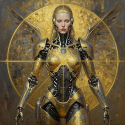 cyborg warrior, full body, beautiful face, concept art, oil painting, golden ratio, insanely detailed and intricate, hypermaximalist