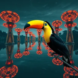 toucan, lake with hexagonal pylons, kaleidoscope, cinematic, filmic, wildlife photography, x - ray, ray tracing reflections, insanely detailed and intricate, hypermaximalist, elegant, ornate, hyper realistic, super detailed