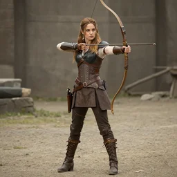 photo of alexandra daddario as a steampunk archer, full shot,