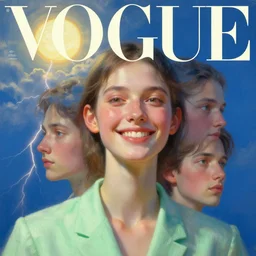 3 d, sci - fi, morning, happy fashion model face, sun, lightning clouds, vogue cover style, light green and deep blue mood, cinematic, realistic painting, intricate oil painting, high detail, figurative art, multiple exposure, poster art, 3 d, by stanley kubrick and tooth wu and wlop and beeple and greg rutkowski