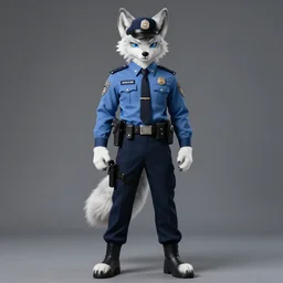 full body photography of a male anthropomorphic albino wolf fursona, modern police uniform, deep focus, intricate, elegant, highly detailed, digital painting, artstation, concept art, matte, sharp focus, illustration, art by artgerm and greg rutkowski and alphonse mucha