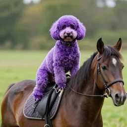 A purple dog riding a horse