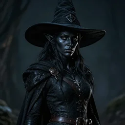 a female drow elf, jet - black skin, serious face, wearing a witch hat, hunter, van helsing clothing, medieval, style by donato giancola, wayne reynolds, jeff easley dramatic light, high detail, cinematic lighting, artstation, dungeons and dragons