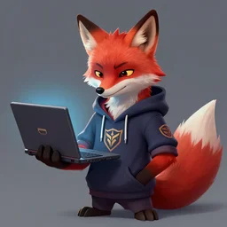 a league of legends concept art of an anthropomorphic red fox in a hoodie holding a portable computer, front view, hacker emblem, artstation, digital art, oc commission, style by jordan grimmer and greg rutkowski, 4 k resolution