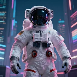 professional photo of astronaut from front standing very close to camera from low angle shot, cyberpunk city on background, synthwave, blade runner, hyperrealistic masterpiece, trending on artstation, cgsociety, kodakchrome, golden ratio, cinematic, composition, beautiful lighting, hyper detailed, sharp focus, octane render, 4 k, unreal engine