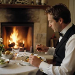 man in a waistcoat eating dinner with a log fire on a table romantic soft focus nikon